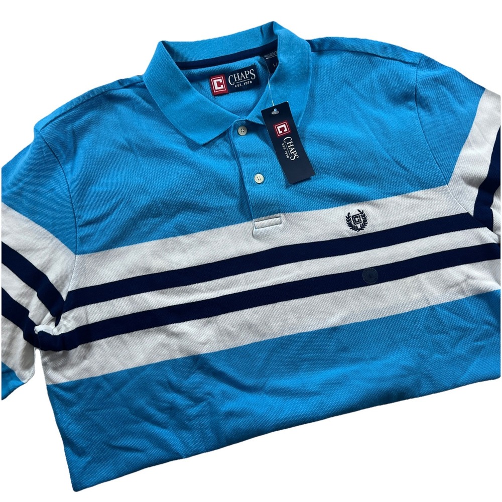 Chaps Black Teal White Striped Short Sleeve‎ Polo Shirt Men's L Logo On Chest